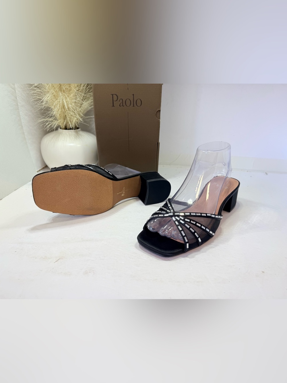 111. Linea Paolo Black Satin /Mesh Embellished Slip-On Mule Heels